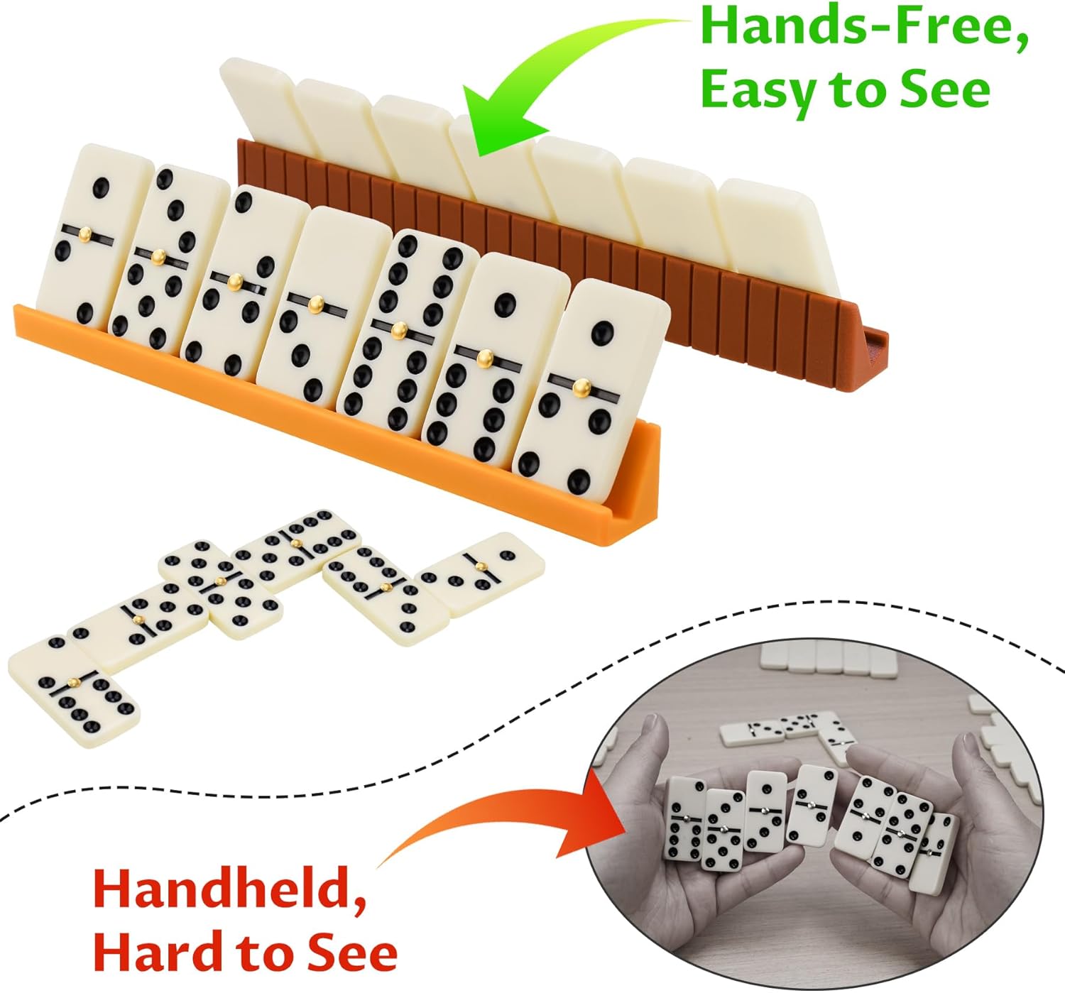 Double 6 Compact Dominos Set for Adults with 28 Tiles 1.6x0.8x0.2 Inches & 4 Silicone Domino Racks 6.3x0.67x0.7 Inches, Classic Board Games with Portable Case for Family Game Nights & Travel